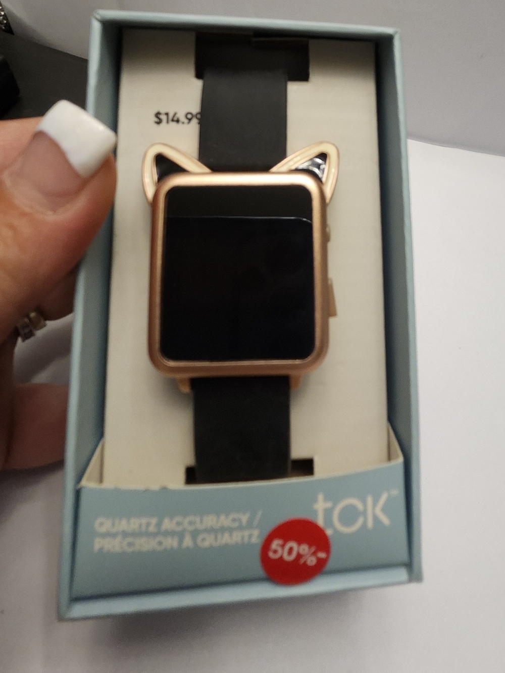 tck Cat Ear Smartwatch in Rose Gold with Black Band